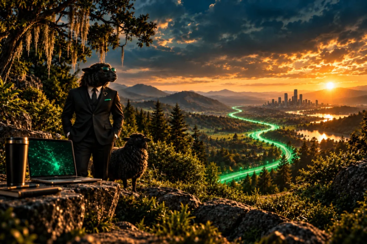 Mr. Black Sheep and a companion sheep overlooking the city from a high vantage point