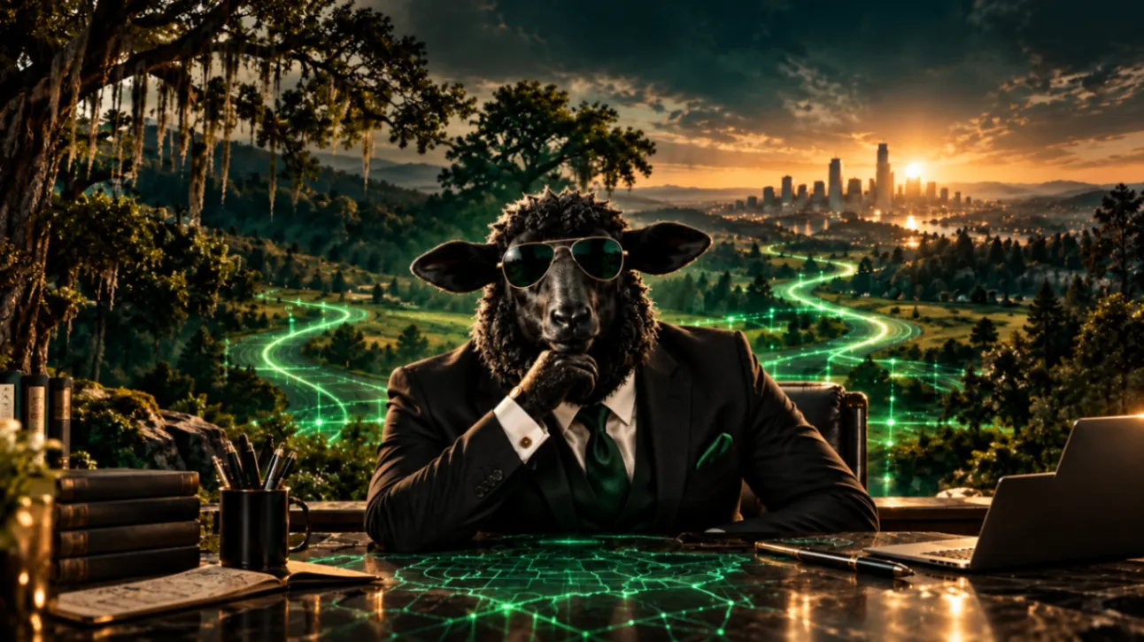 Mr. Black Sheep in a suit and sunglasses at a desk with a glowing green road leading toward the city