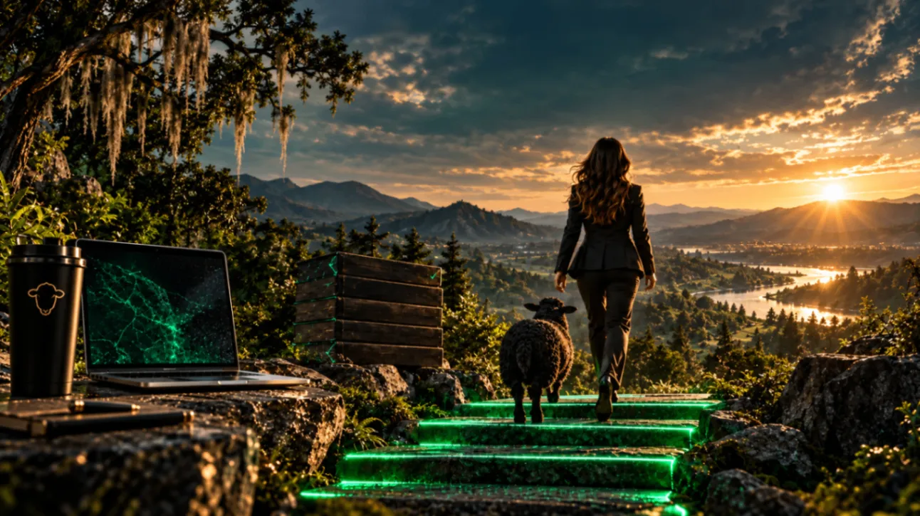 An agent walking up glowing green steps with a sheep toward a bright horizon