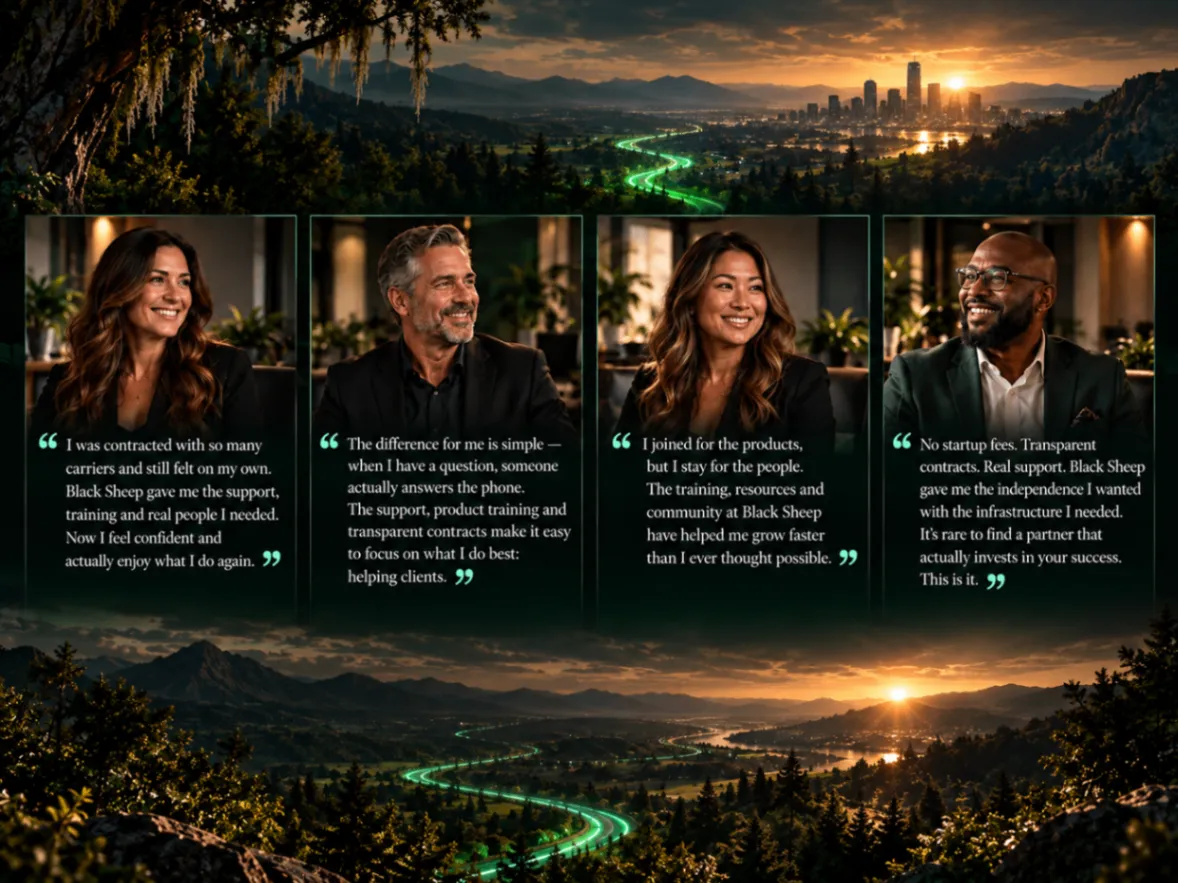 Valley and city vista at sunset behind the agent testimonials