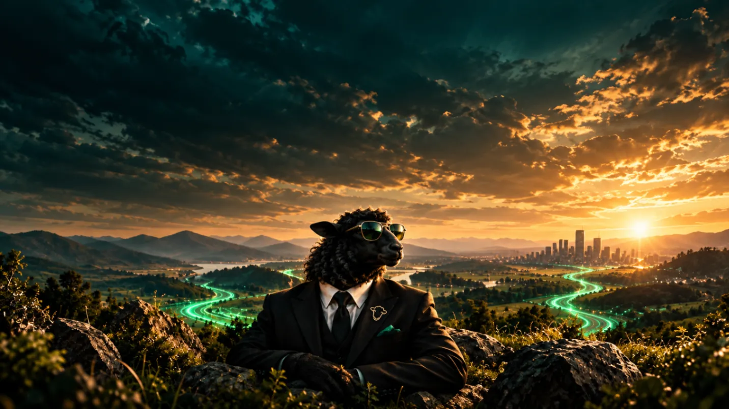 Mr. Black Sheep in a suit and sunglasses standing on a rocky overlook above a valley and city at sunset